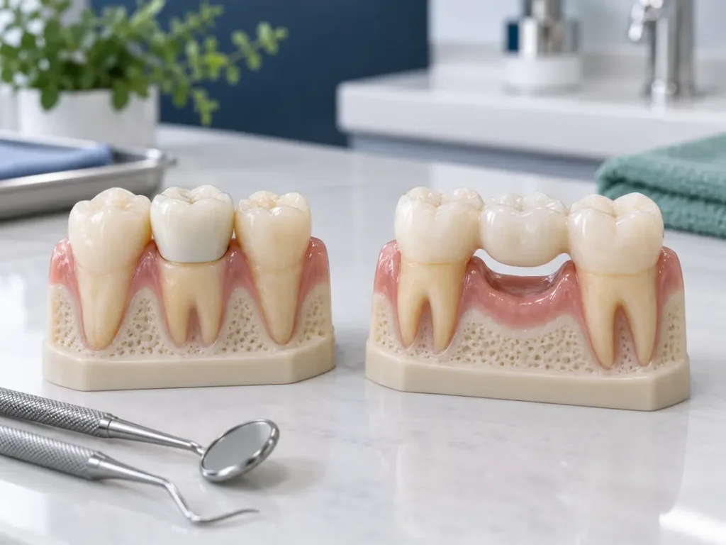 Clinical models comparing a single dental crown with a bridge replacing a missing tooth