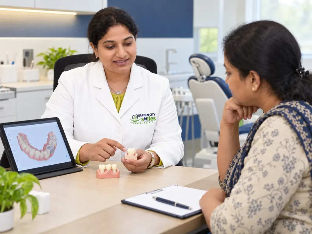 Dr Deepthi explains crown and bridge options to a patient using dental models and a digital scan