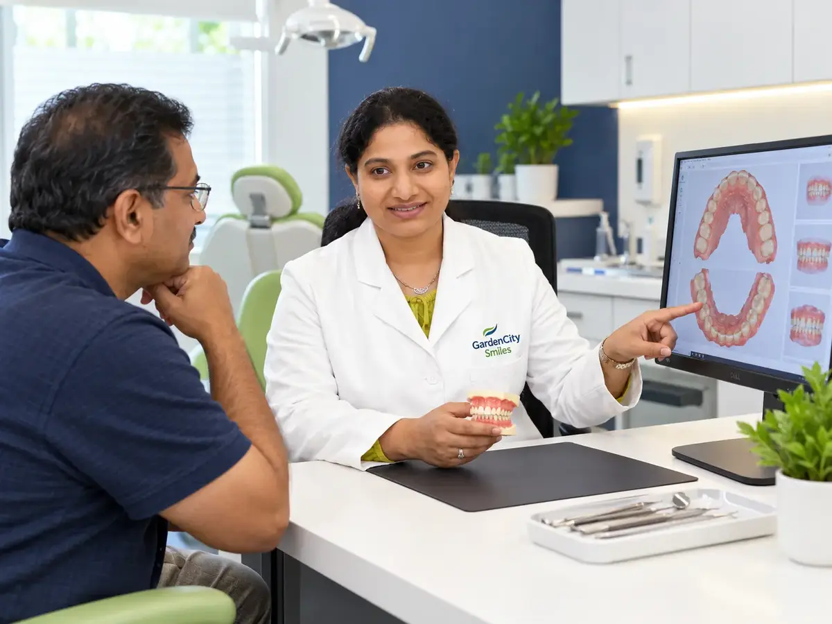 Dr Deepthi discusses a full-mouth rehabilitation plan with a patient using digital dental scans