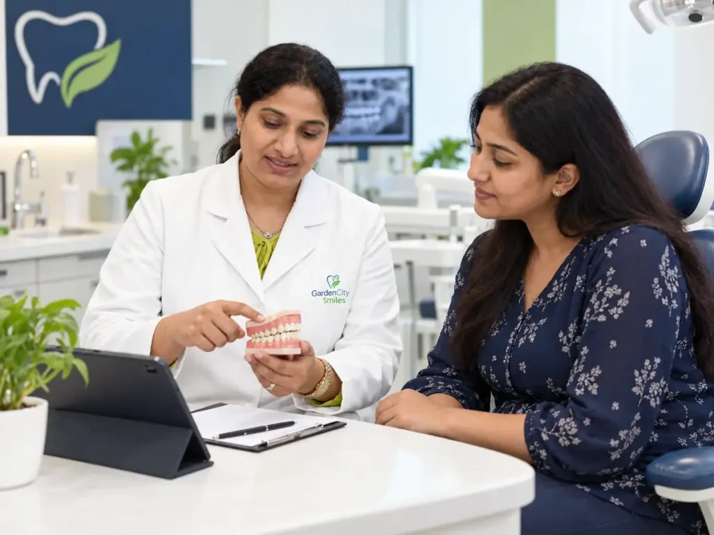 Dr Deepthi reviews bite comfort and maintenance with a patient using a dental model