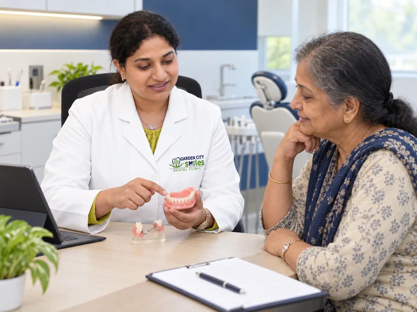 Dr Deepthi explains complete and partial removable dentures to an older Indian patient