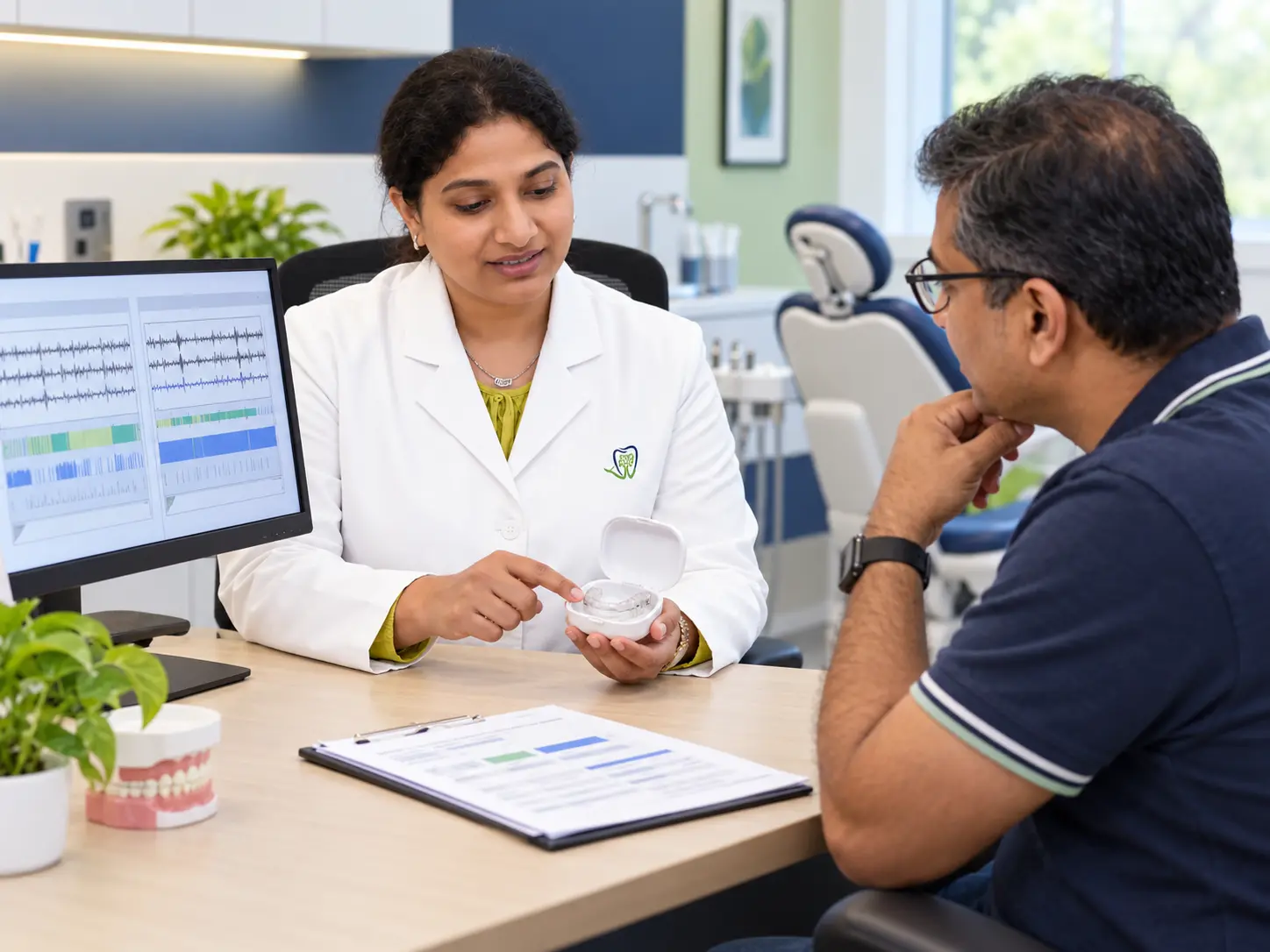 Dr Deepthi reviews follow up sleep test results and an oral appliance with an Indian patient