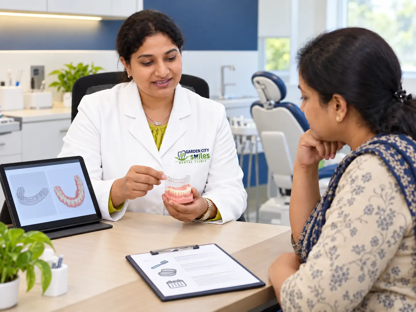 Dr Deepthi explains a custom clear dental splint to an Indian patient