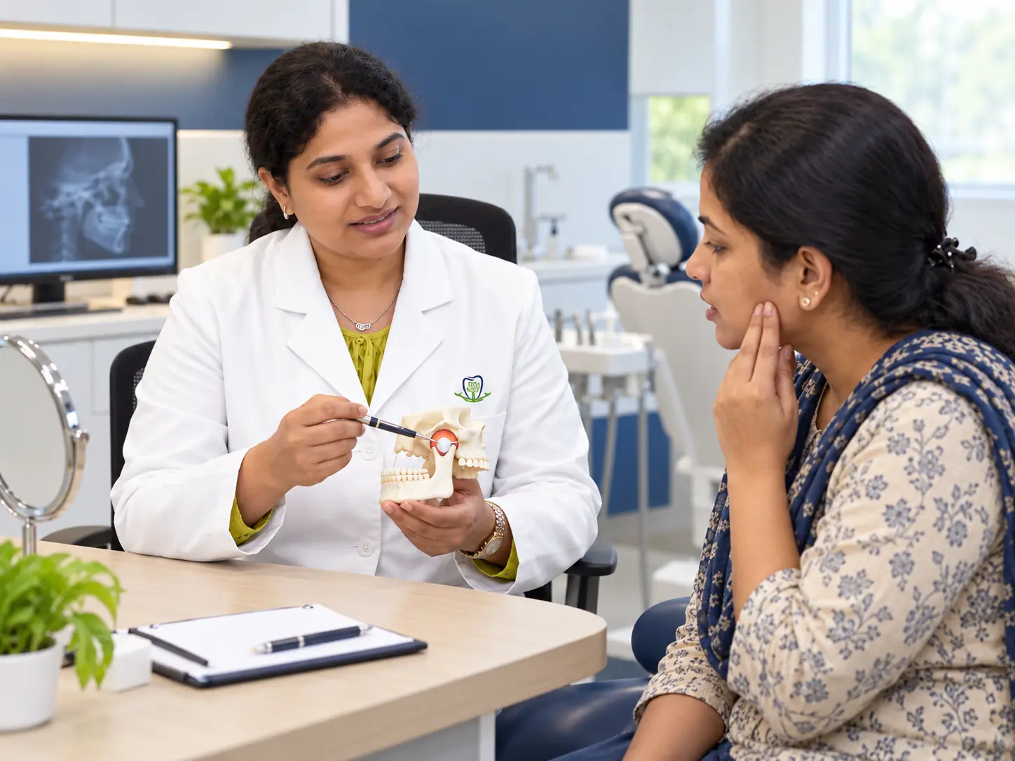 Dr Deepthi assesses jaw pain with an Indian patient before considering splint therapy