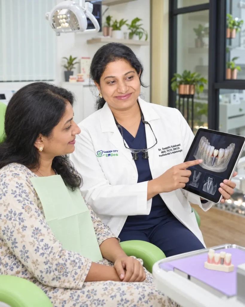 Dr. Deepthi Kalahasti explaining a dental implant plan to a patient at GardenCity Smiles