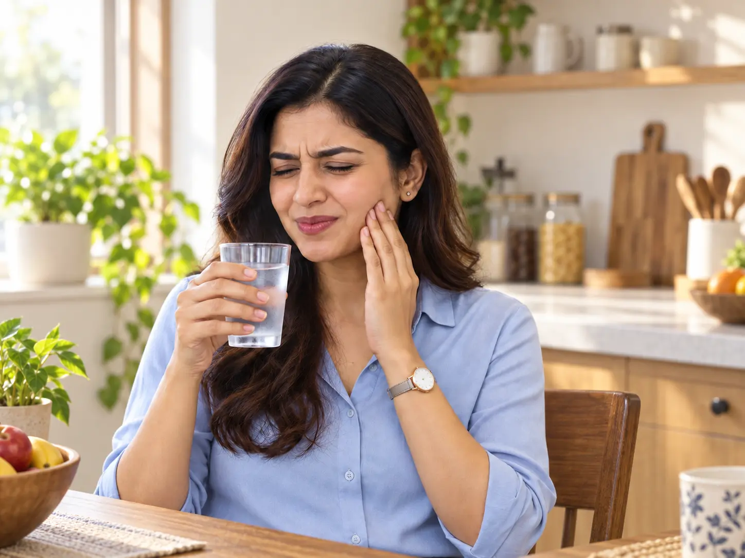Indian woman experiencing a brief tooth sensitivity response after drinking cold water at home