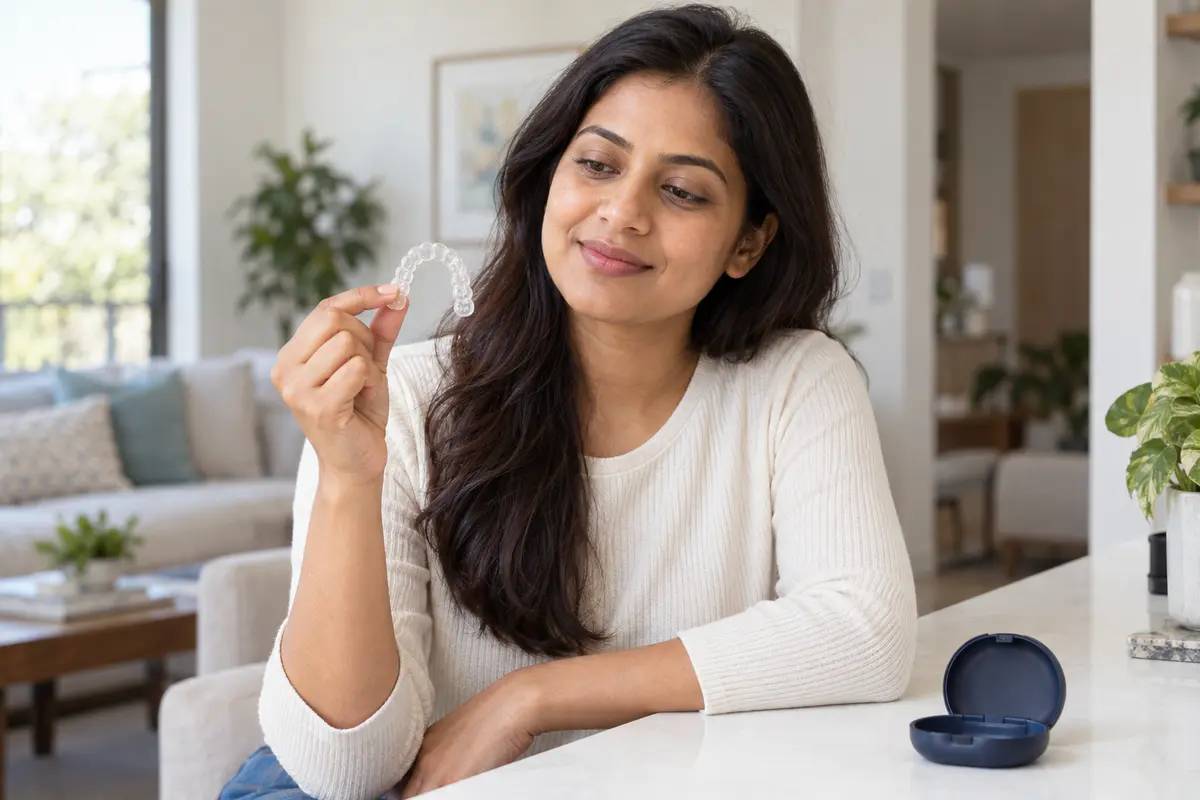 Indian woman inspecting a clear aligner beside its storage case at home