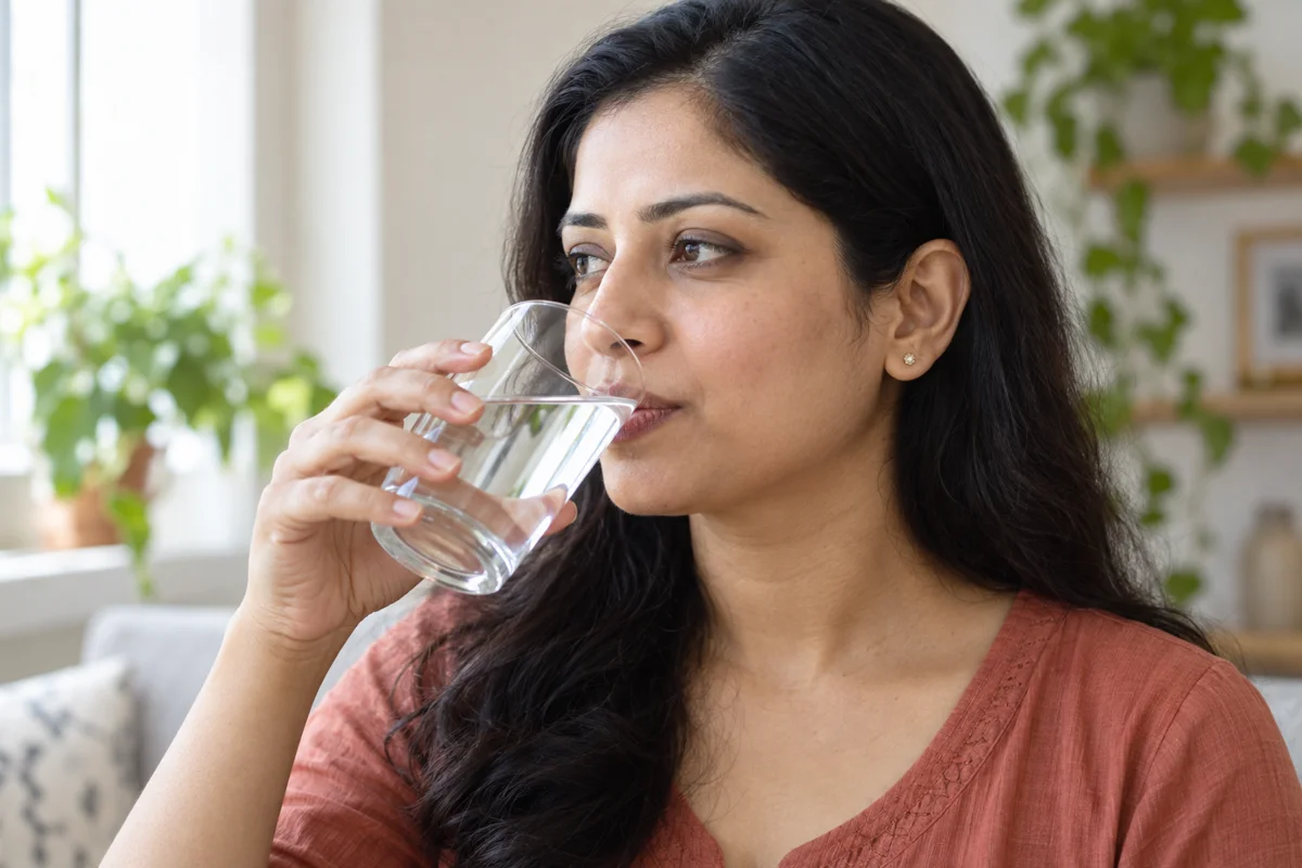 Woman drinking plain water from a glass at home