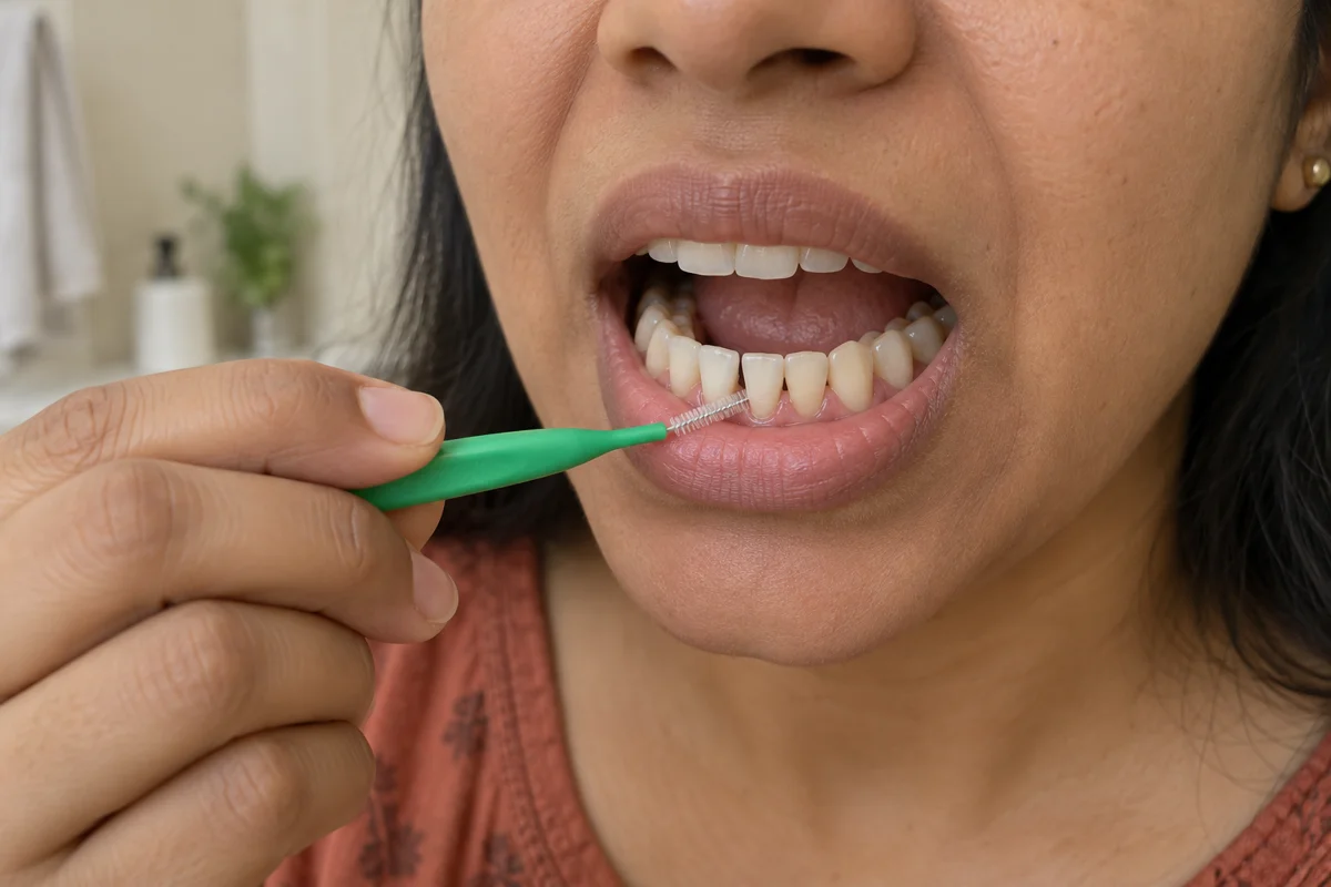 Woman positioning a small interdental brush near a space between her lower teeth