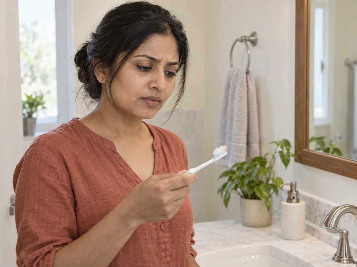Indian woman looking thoughtfully at her toothbrush after noticing a change while brushing