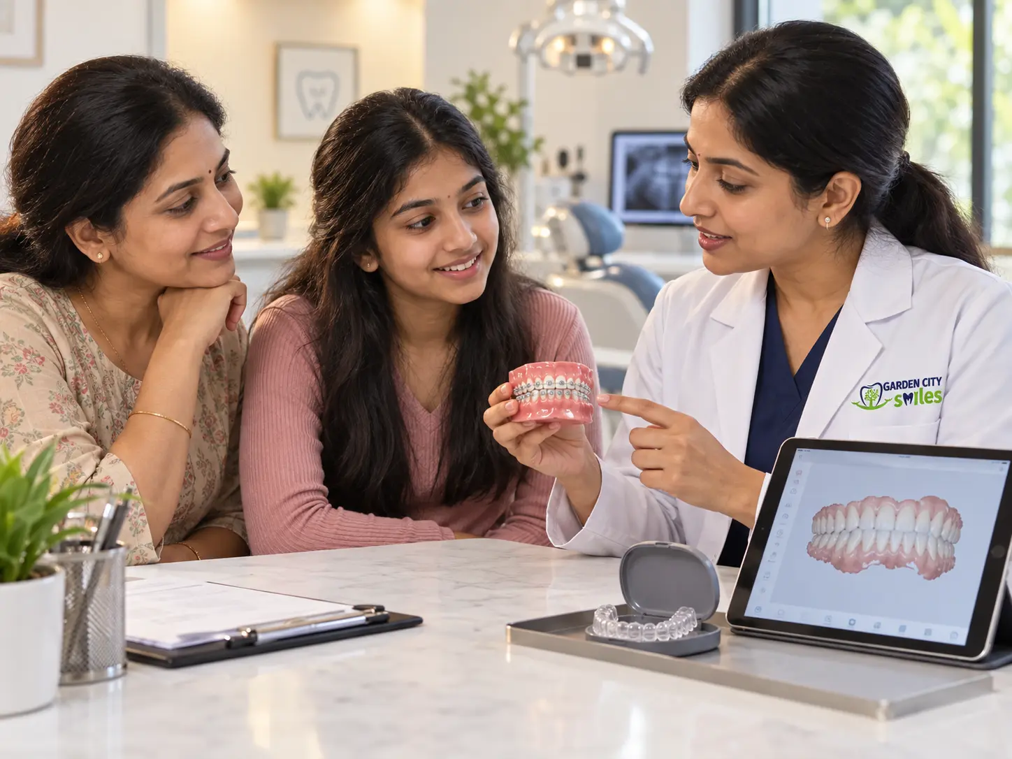 Indian teenager and parent discussing fixed braces and clear aligners with a dentist