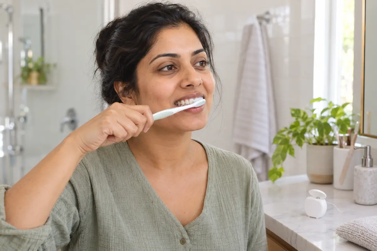 Indian woman brushing her teeth at home as part of daily oral care