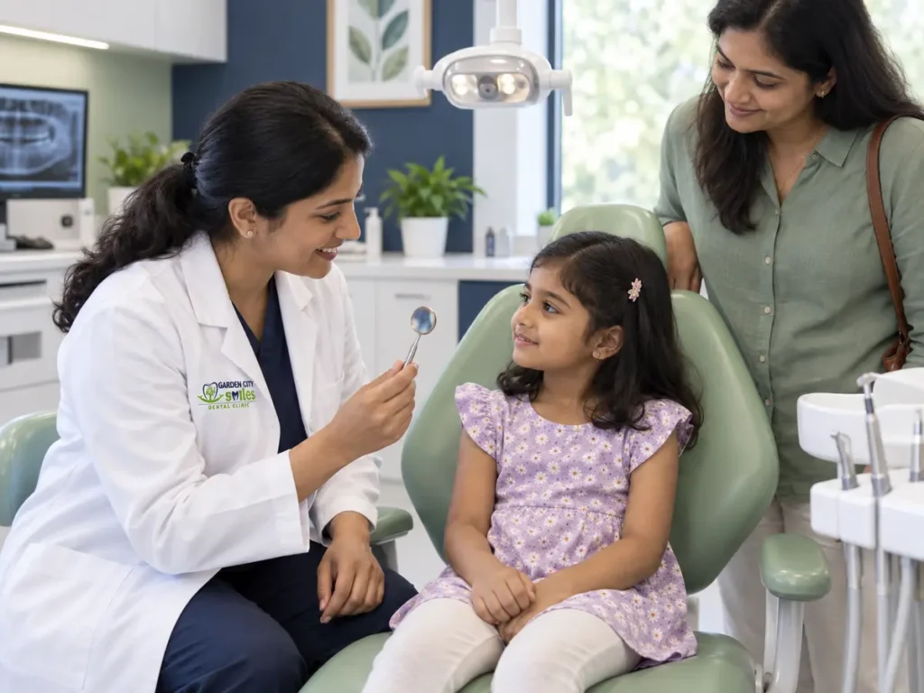 Indian dentist with the GardenCity Smiles logo welcoming a child and parent for a gentle first dental visit