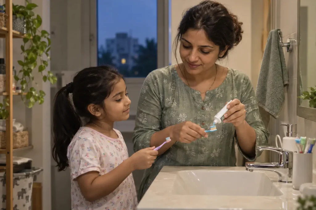 Indian mother and daughter preparing for supervised toothbrushing at home