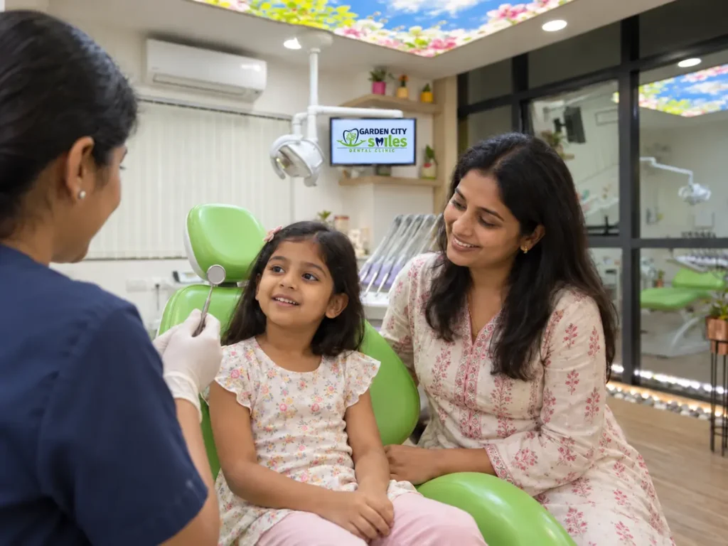 Child and parent during a gentle dental introduction at GardenCity Smiles, with the clinic logo visible
