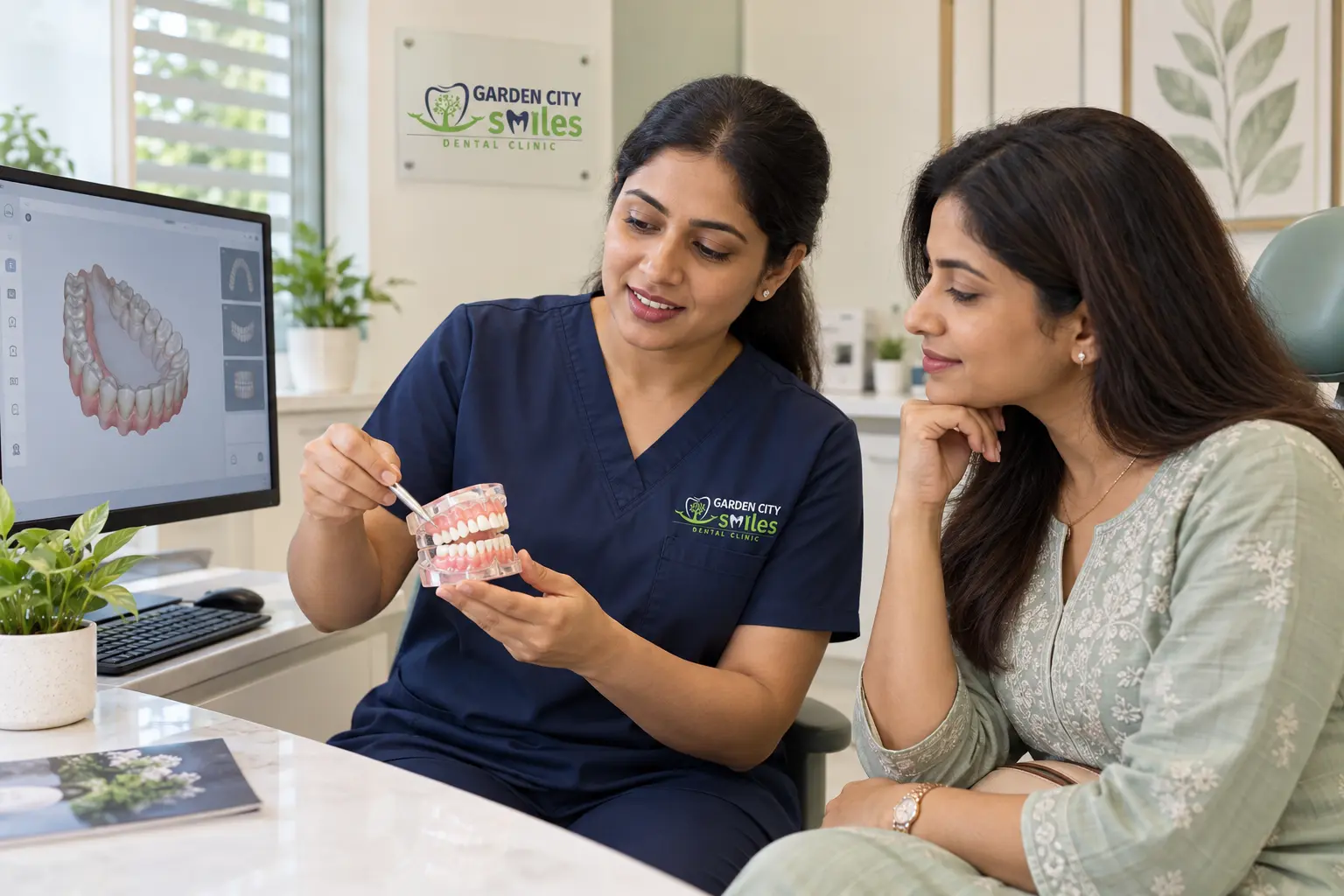Dr Deepthi discussing a considered cosmetic dental option with a patient