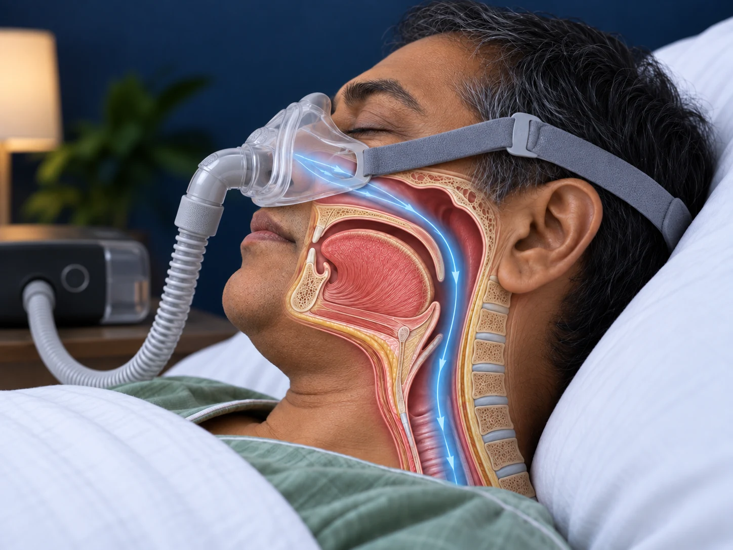 Indian man wearing a connected nasal PAP mask with an illustrative airway cutaway.