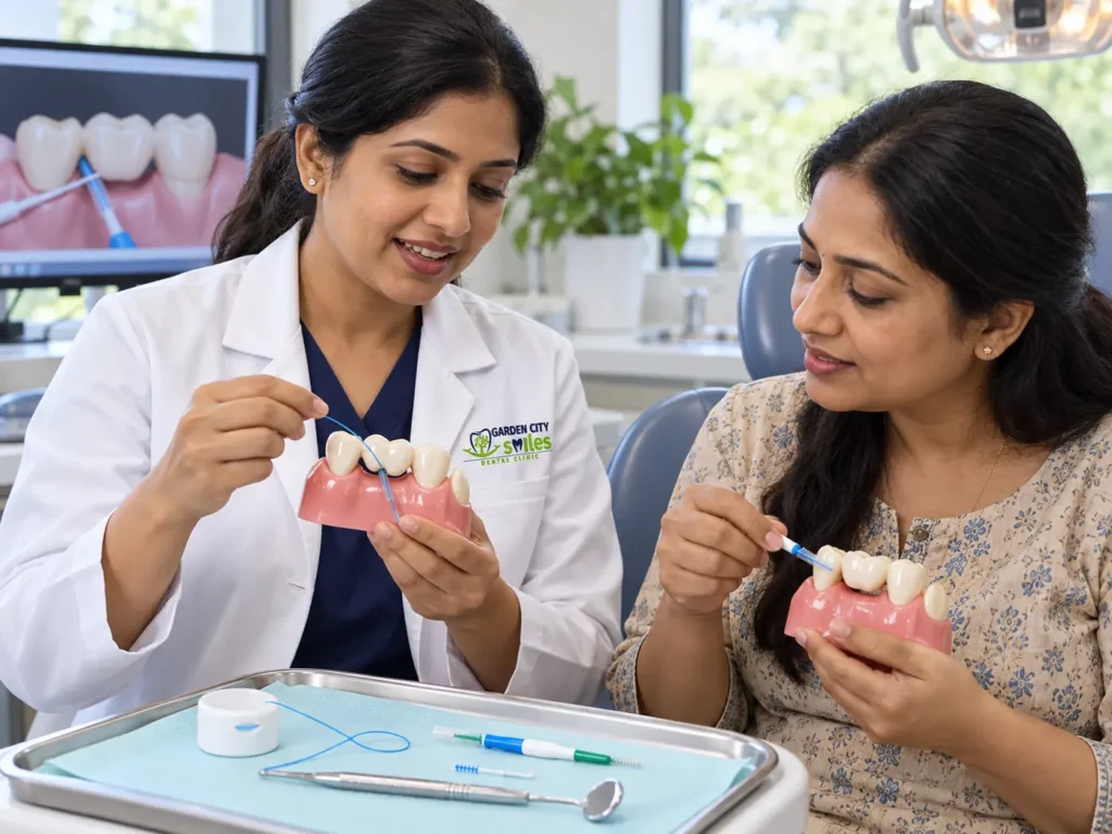 Dentist demonstrating how to clean beneath a dental bridge while an adult patient practises with a model