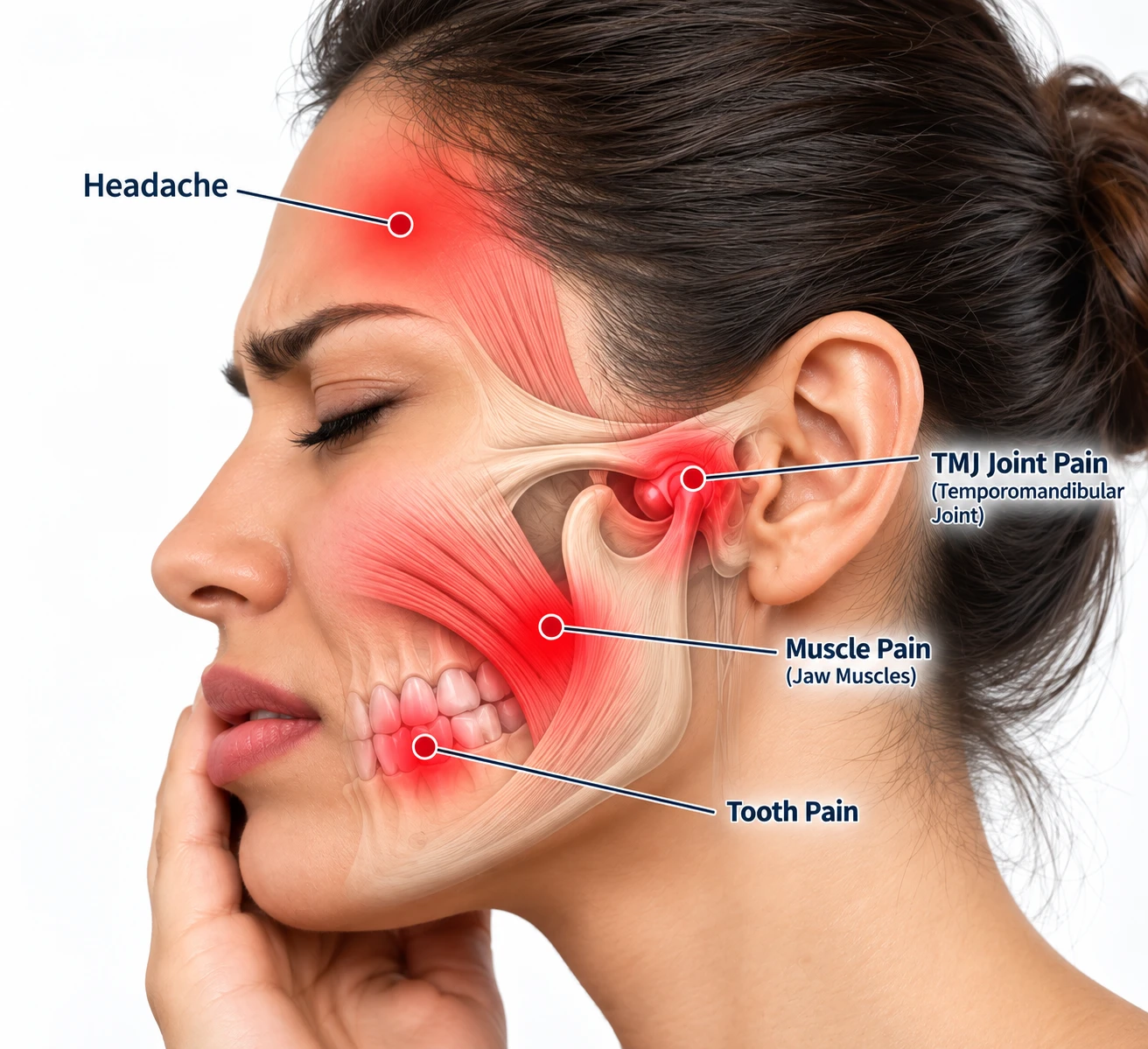Illustration of tooth, jaw joint, chewing muscle and temple pain locations