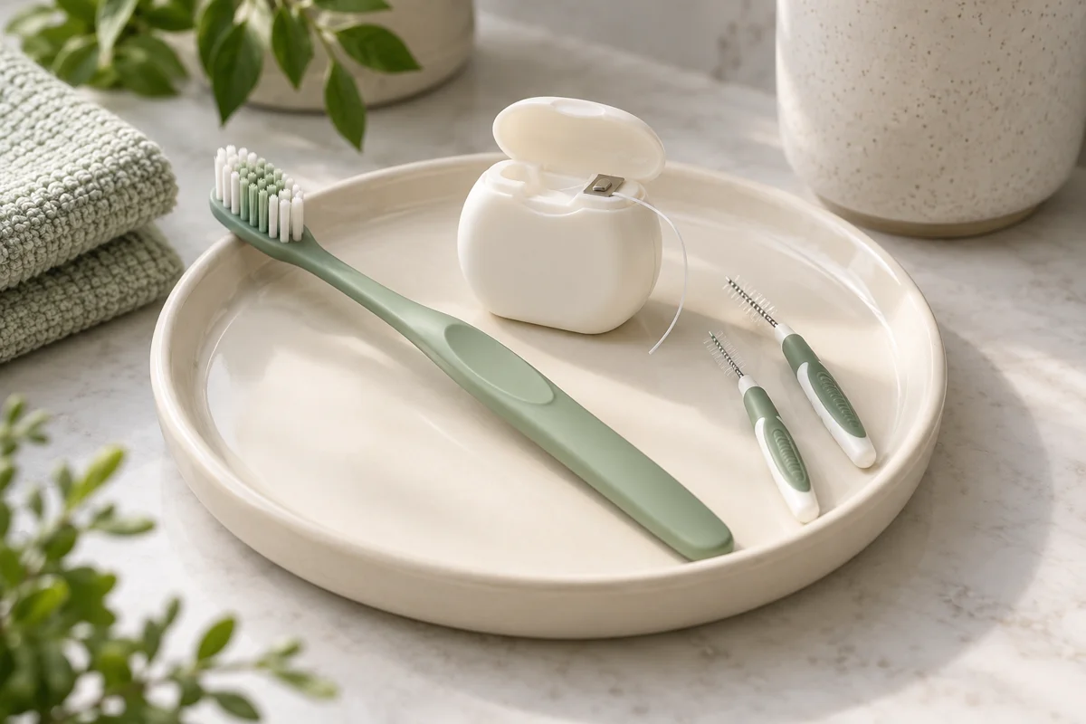 Illustration of a toothbrush, dental floss and interdental brushes