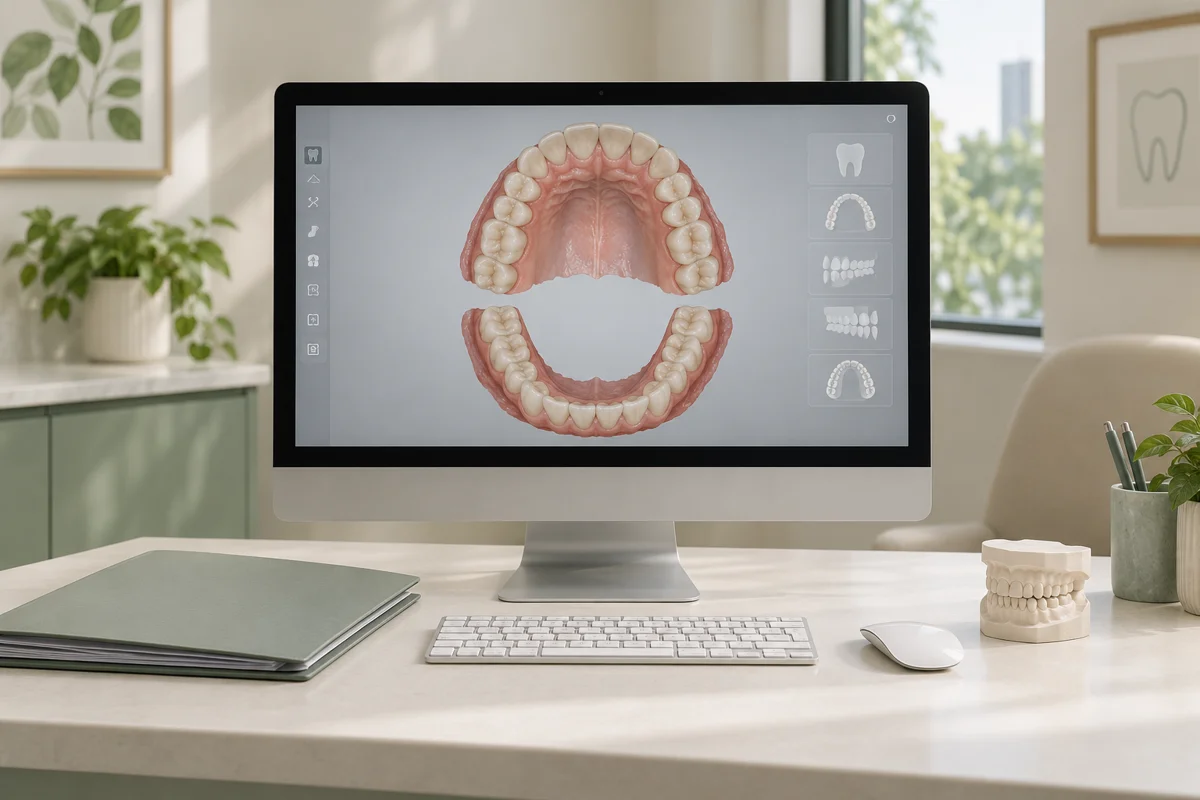 Illustration of digital dental records and a dental arch model on a monitor