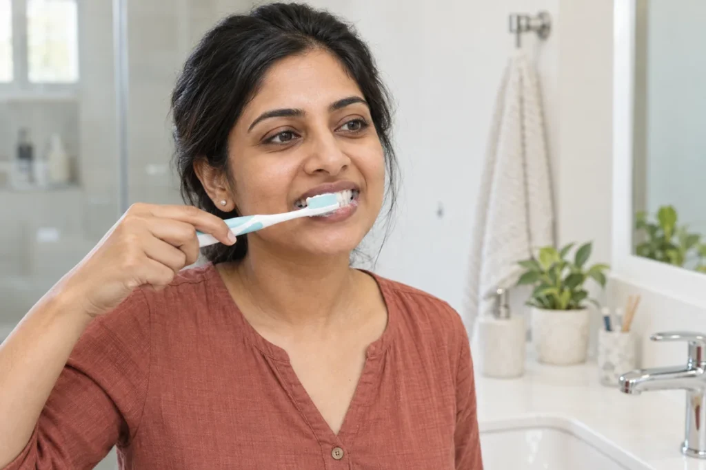 Illustrative scene of an Indian woman brushing her teeth at home