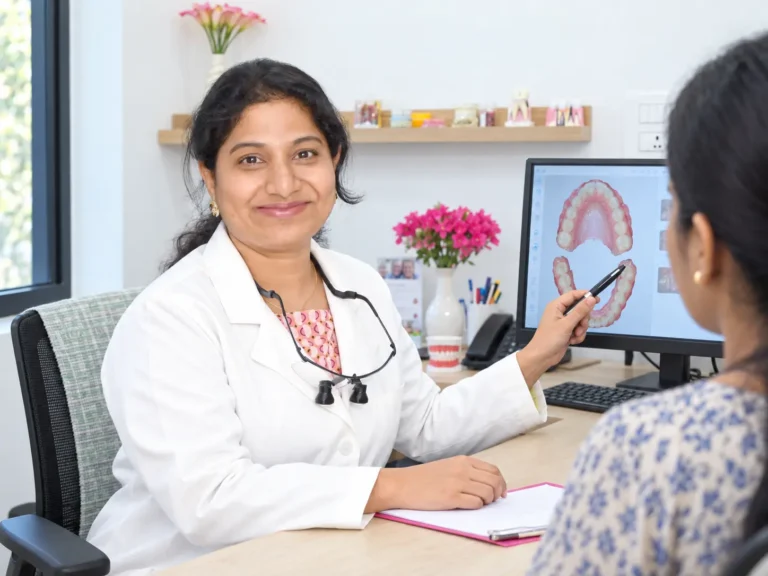 Dr Deepthi naturally pointing to a dental scan while speaking with an Indian patient