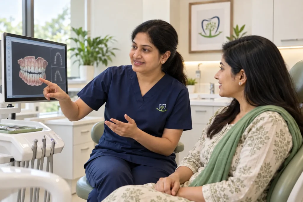 Illustrative consultation featuring Dr. Deepthi Kalahasti explaining a digital dental scan to a patient at GardenCity Smiles