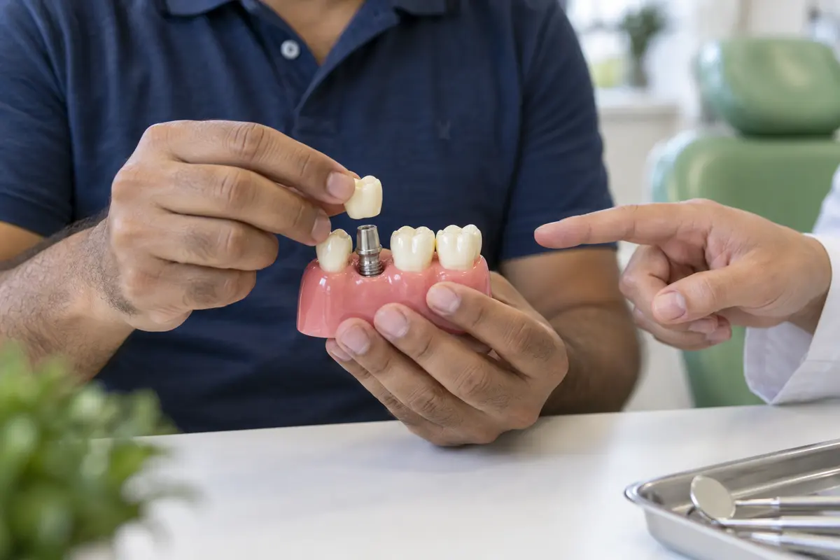 Patient exploring a replacement crown on an illustrative dental implant demonstration model