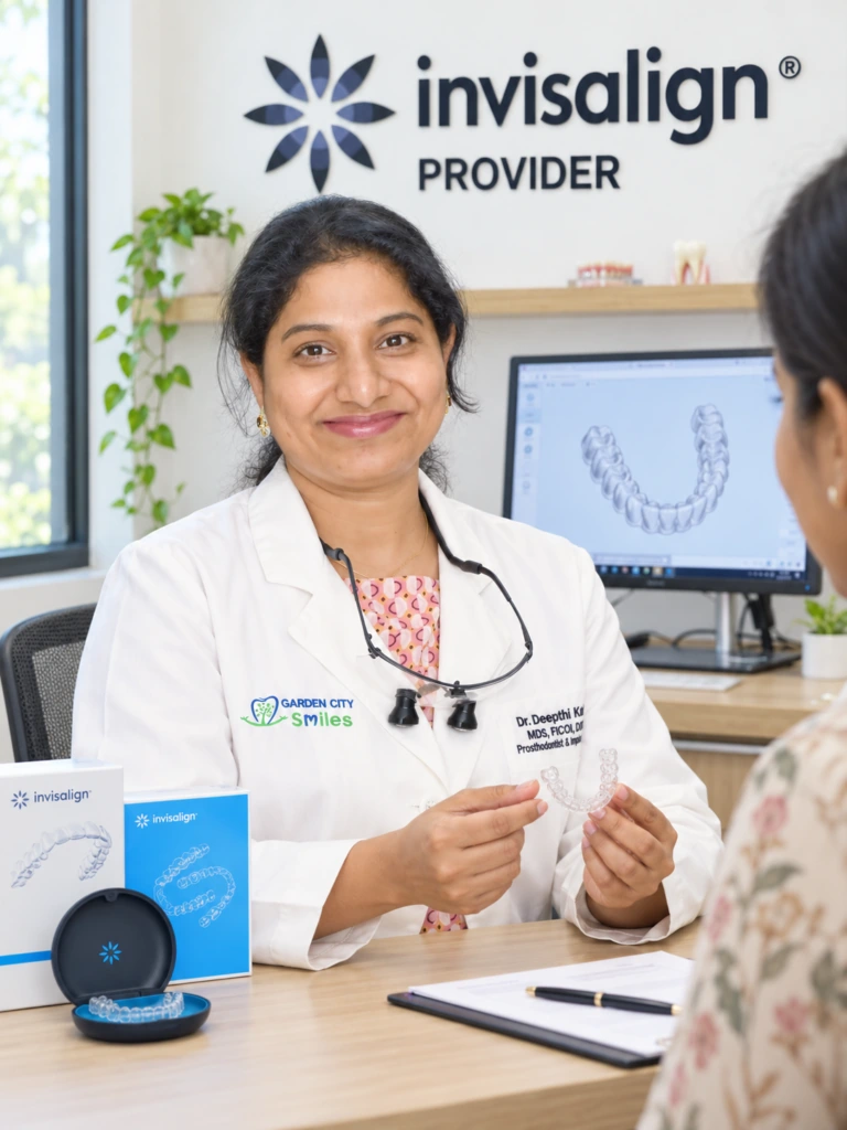 Dr Deepthi discussing clear aligner treatment with a patient