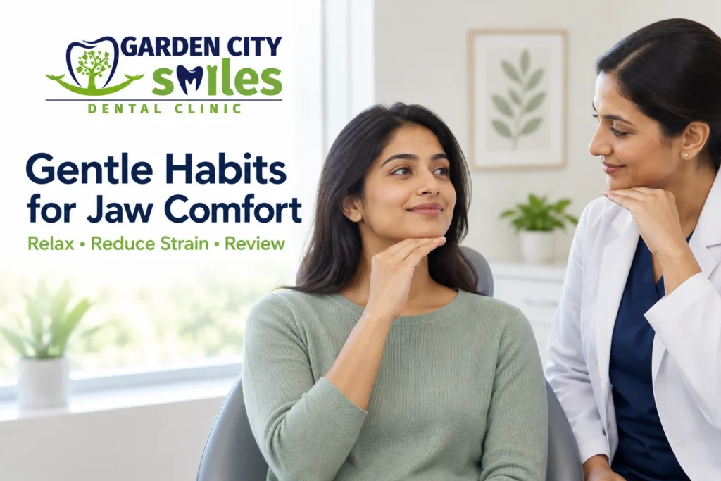 Patient learning gentle jaw-relaxation habits with a clinician at GardenCity Smiles