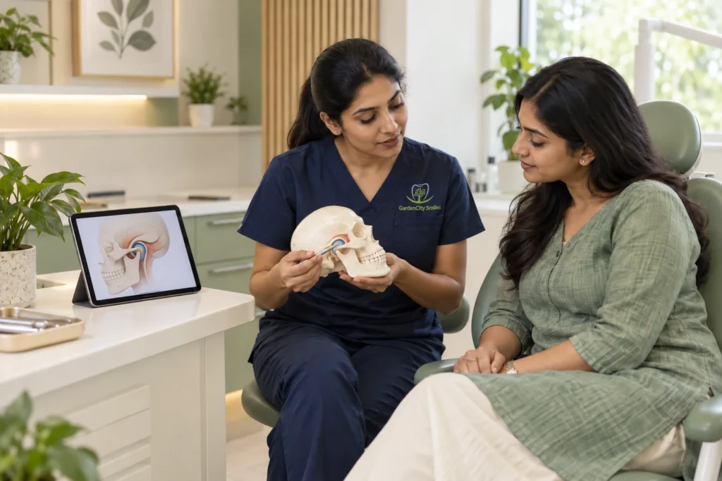 Illustrative Indian dentist explaining the TMJ with a jaw model while wearing GardenCity Smiles branded scrubs