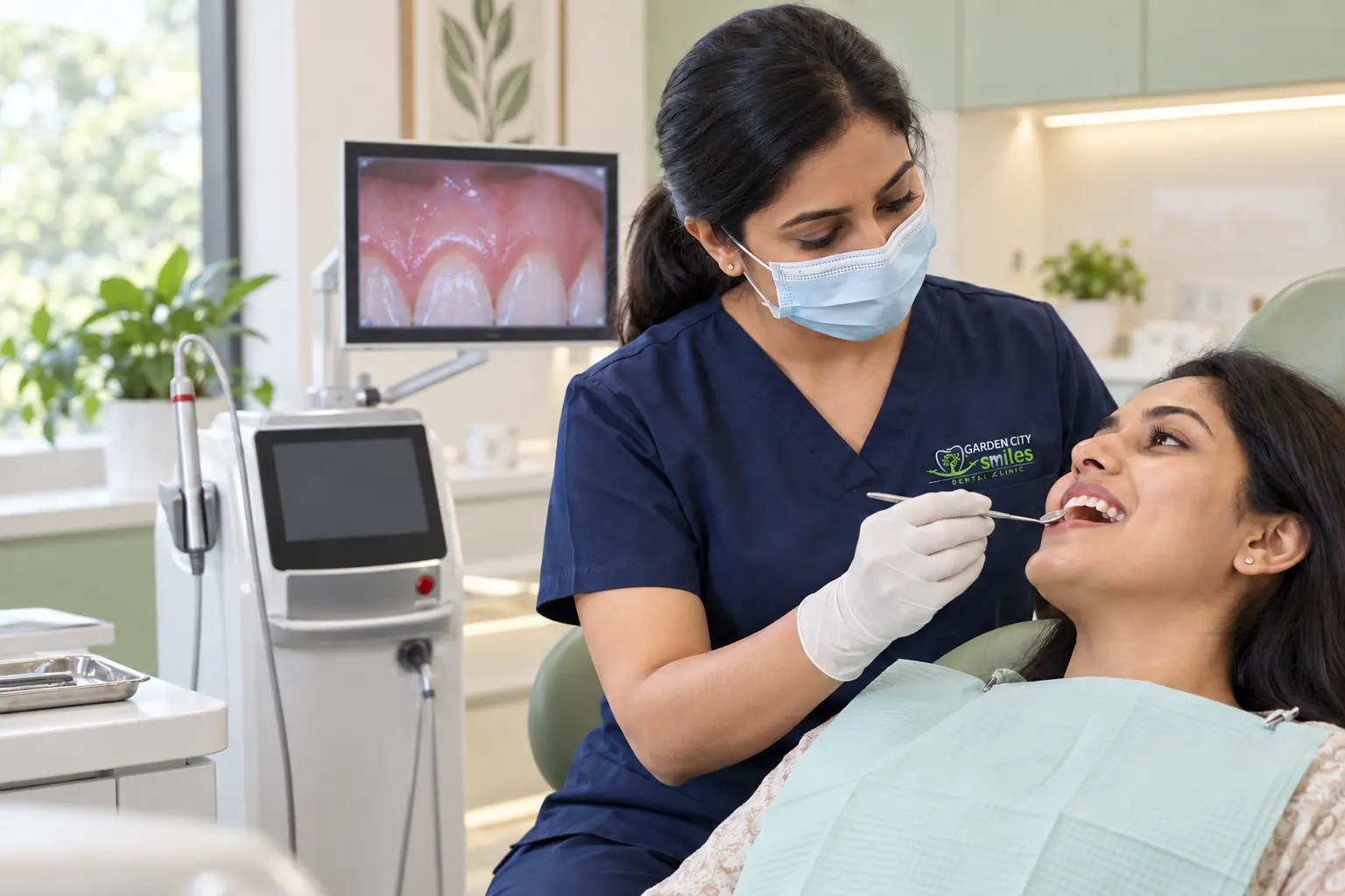 Dr Deepthi reviewing healing and aftercare with a patient after laser gum treatment