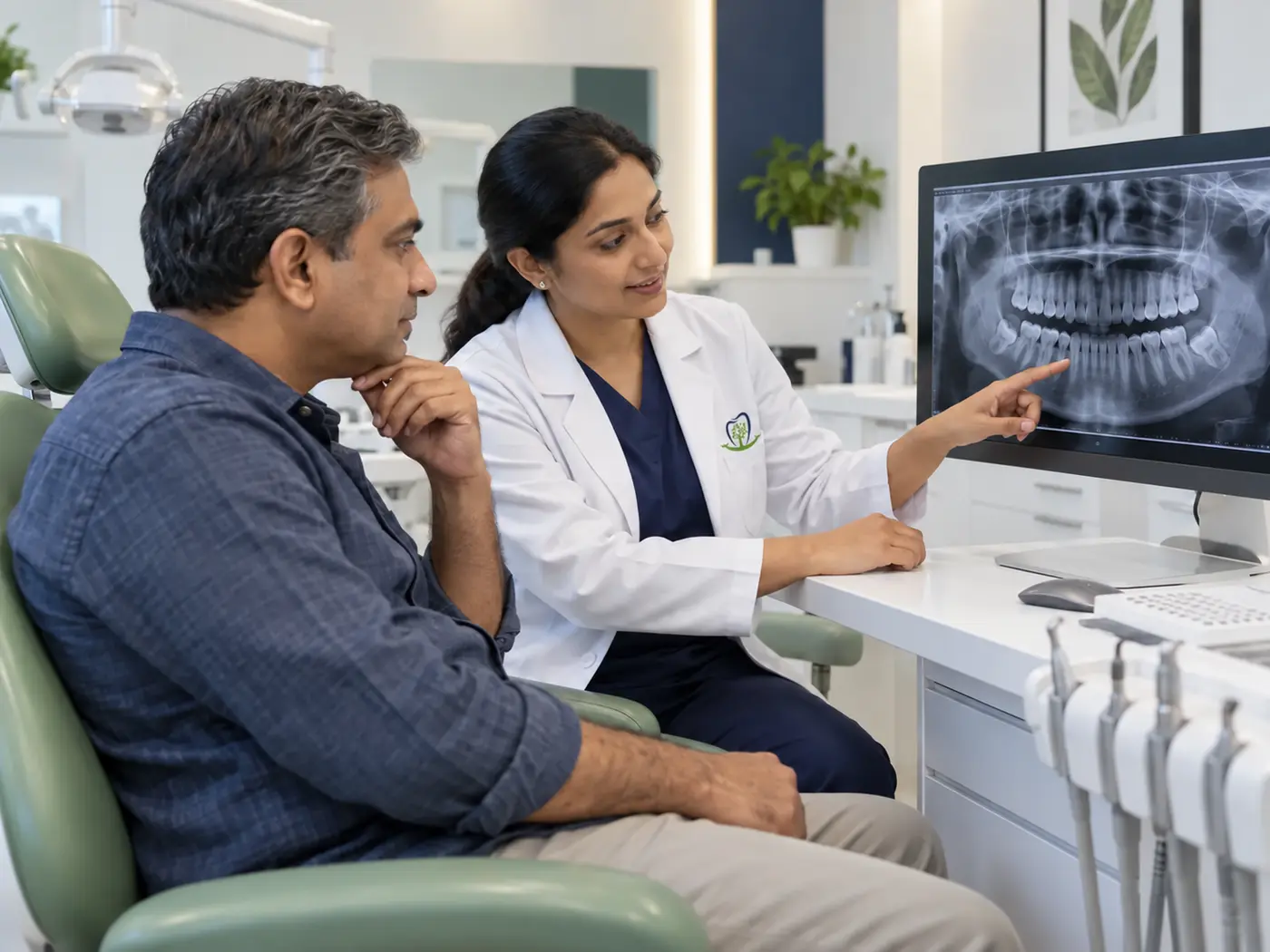 Indian patient reviewing a panoramic dental X-ray with a dental professional wearing the GardenCity Smiles™ emblem