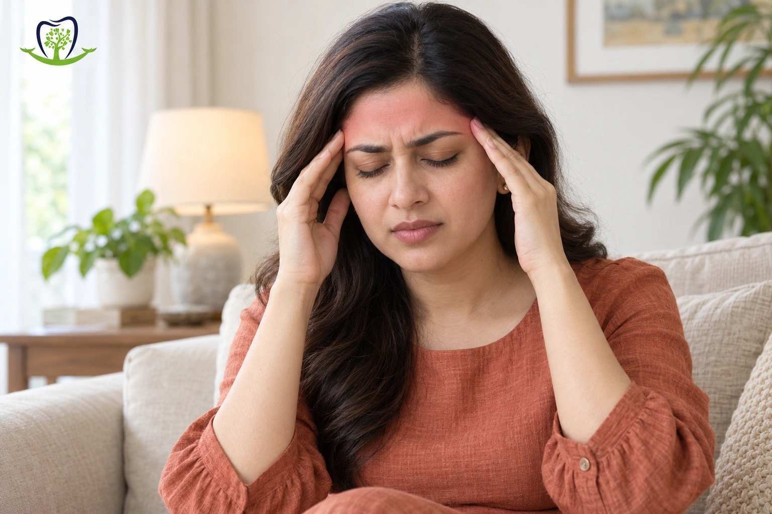 Indian woman in a terracotta dress holding both temples at home, with a soft headache highlight and GardenCity Smiles™ clinic symbol.