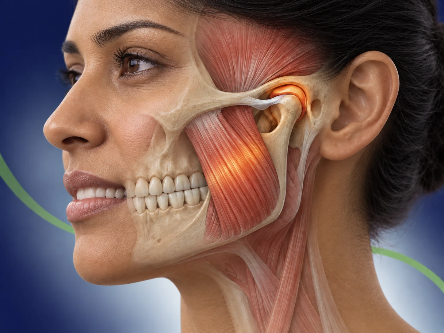Illustrative facial cutaway showing the jaw joint, muscles and teeth; teeth and surrounding area highlighted.