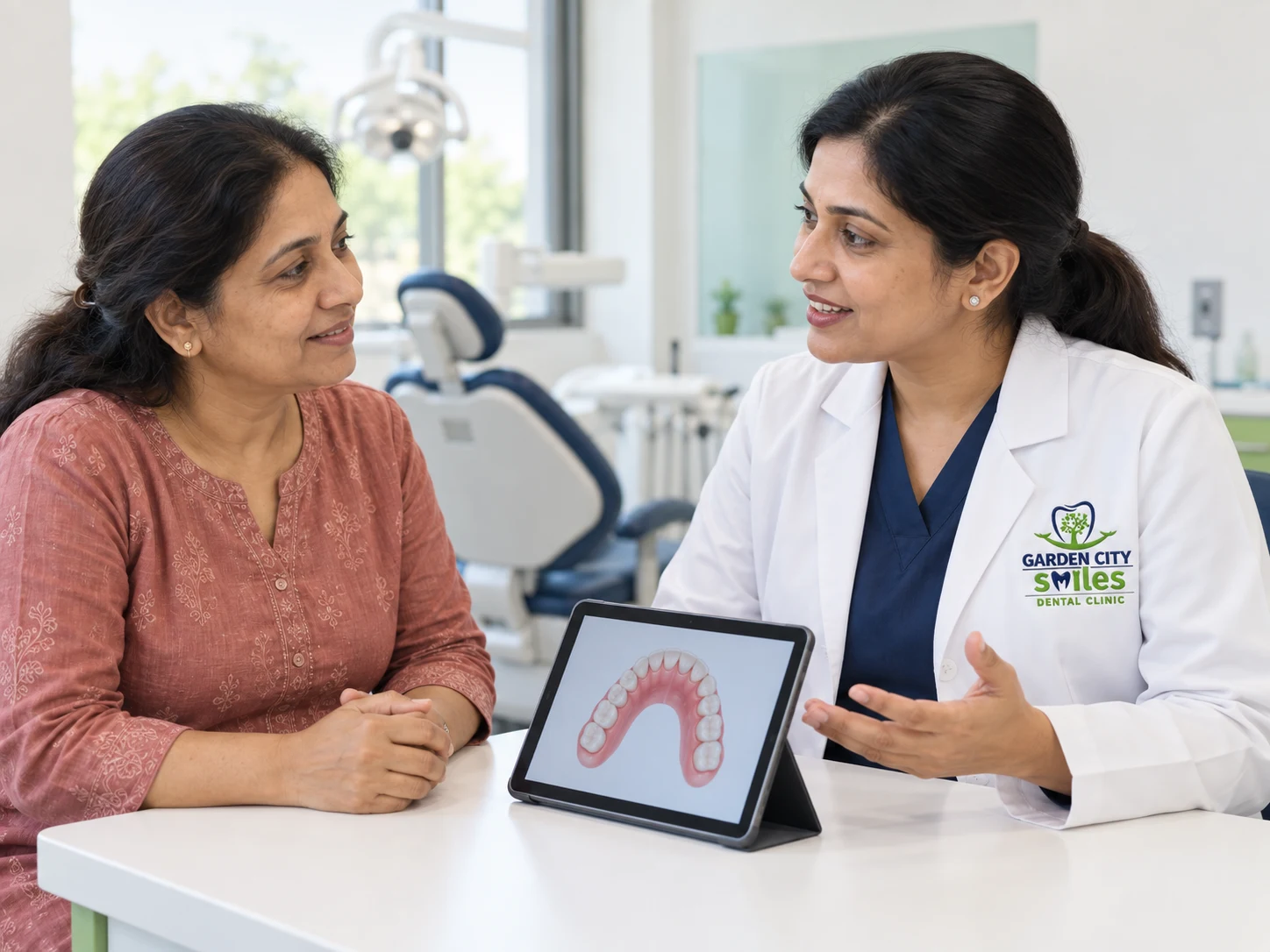 Indian patient discussing her dental care with a clinician wearing the GardenCity Smiles™ logo.