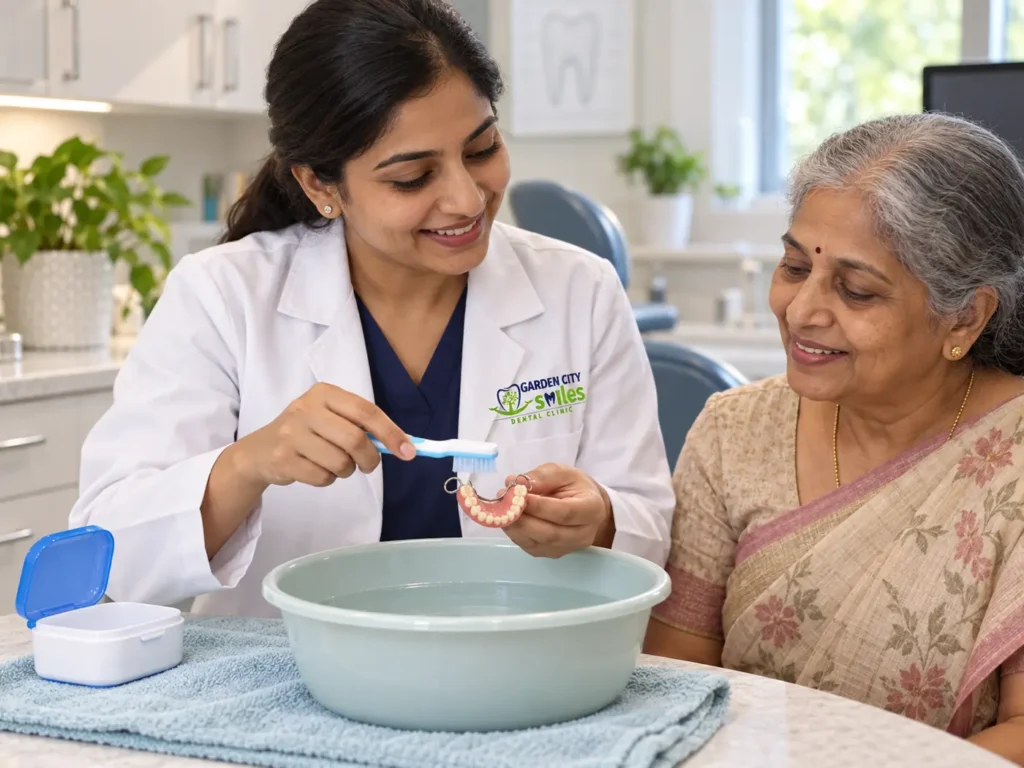 Dentist demonstrating safe cleaning of a removable partial denture to an older Indian patient over a water-filled basin