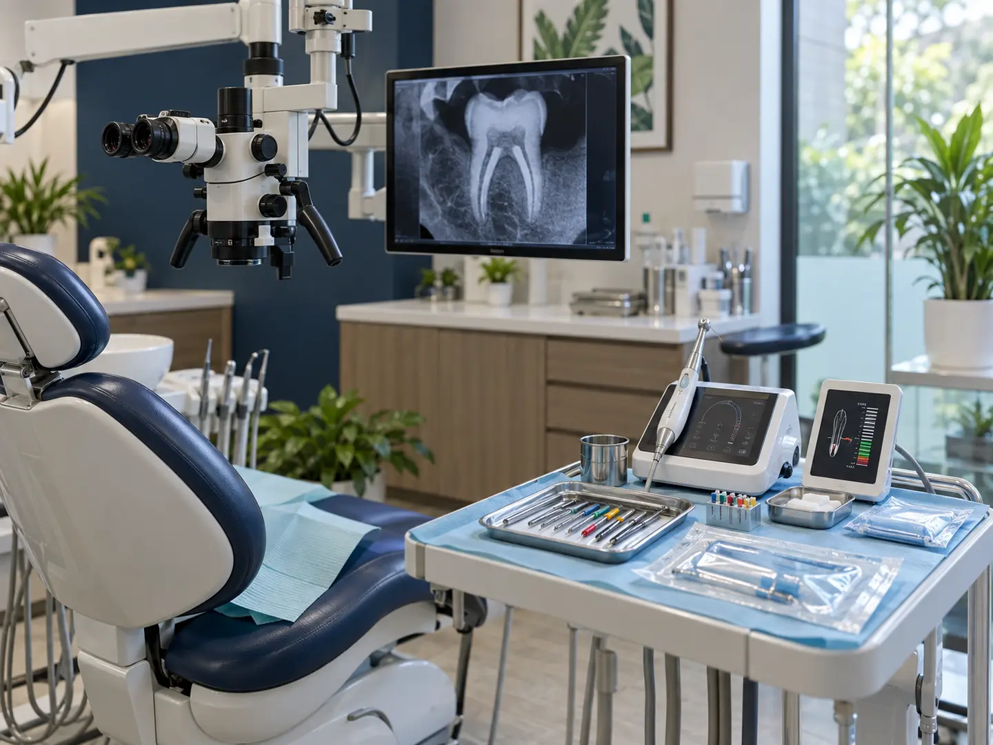 Dental operating microscope, digital tooth radiograph, rotary endodontic motor and electronic apex locator prepared for root canal treatment