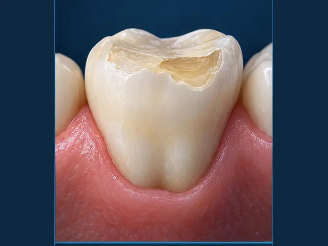 Dental illustration of enamel wear exposing sensitive dentine