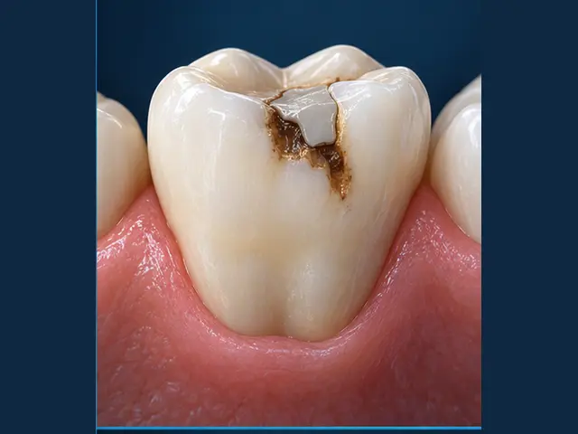 Dental illustration of decay beside a damaged dental filling