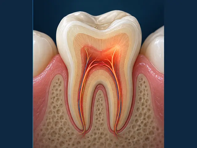 Cutaway dental illustration showing inflammation inside a tooth