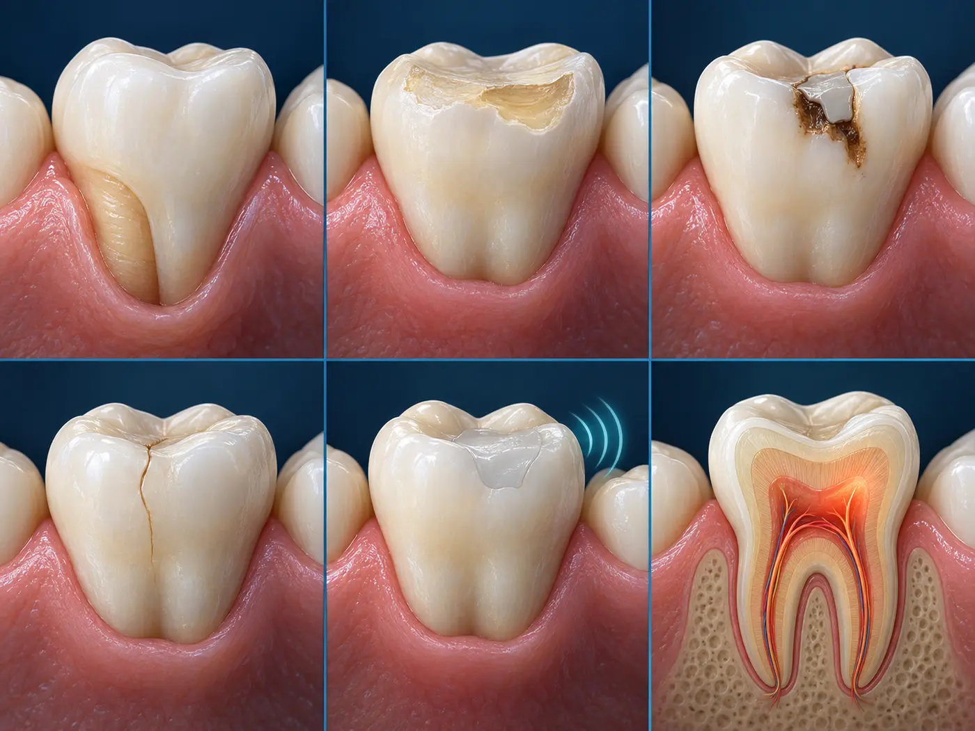 Six-panel dental illustration showing gum recession, enamel wear, decay, a crack, a filling and tooth nerve inflammation