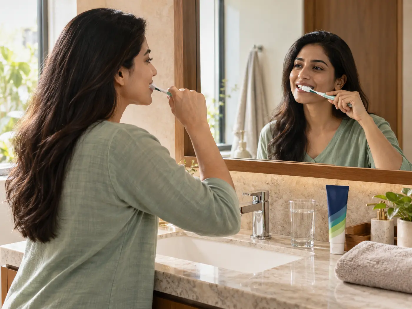 Indian woman gently brushing her teeth with a soft toothbrush at home