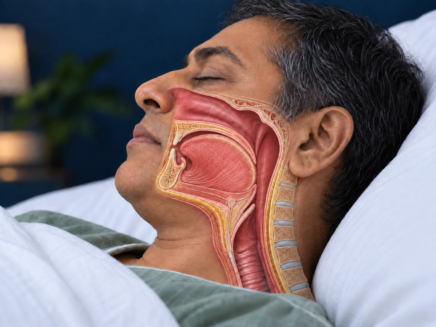 Indian man sleeping with an illustrative cutaway showing upper-airway obstruction.