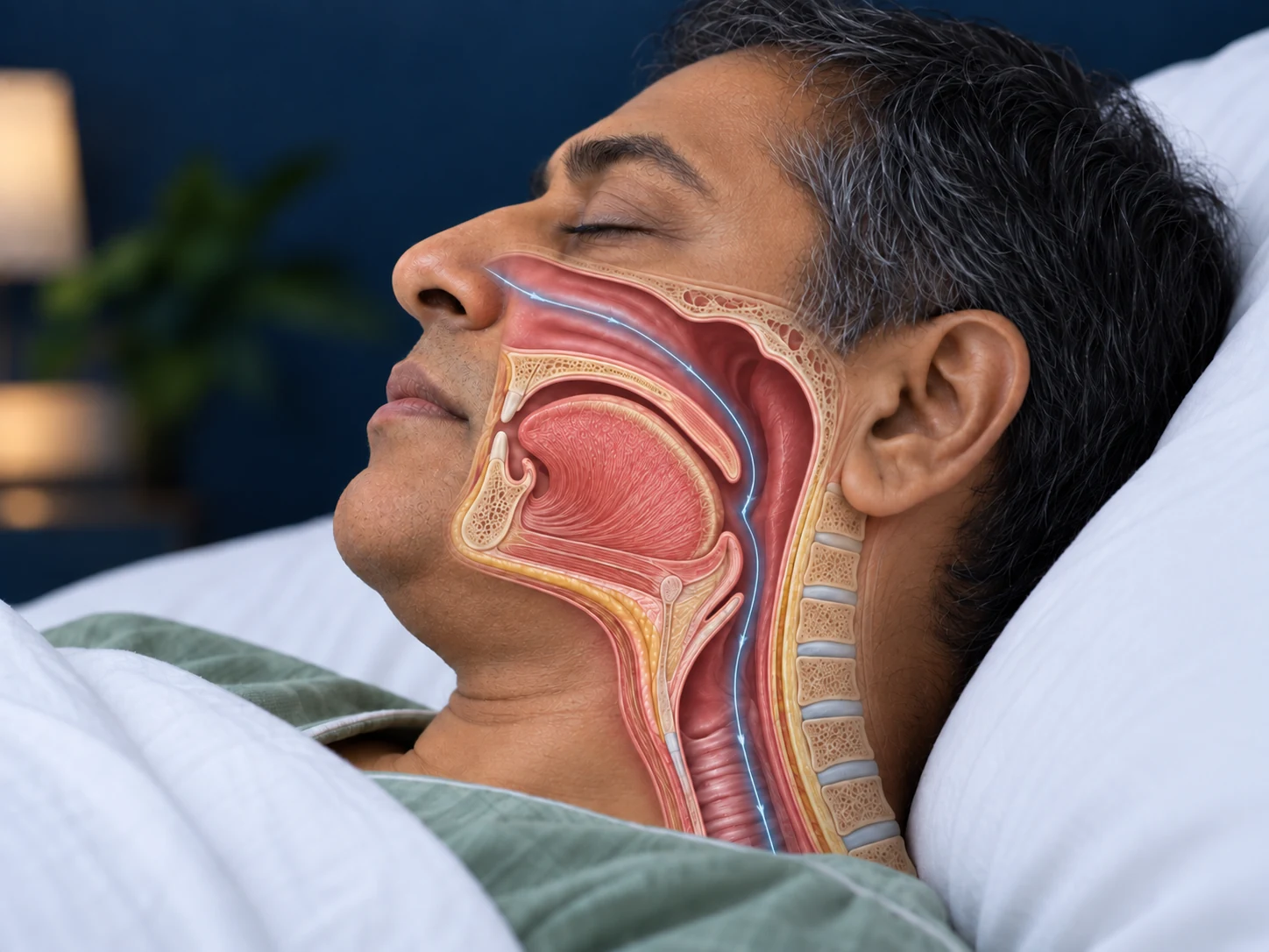 Indian man sleeping with an illustrative cutaway showing a narrowed upper airway.