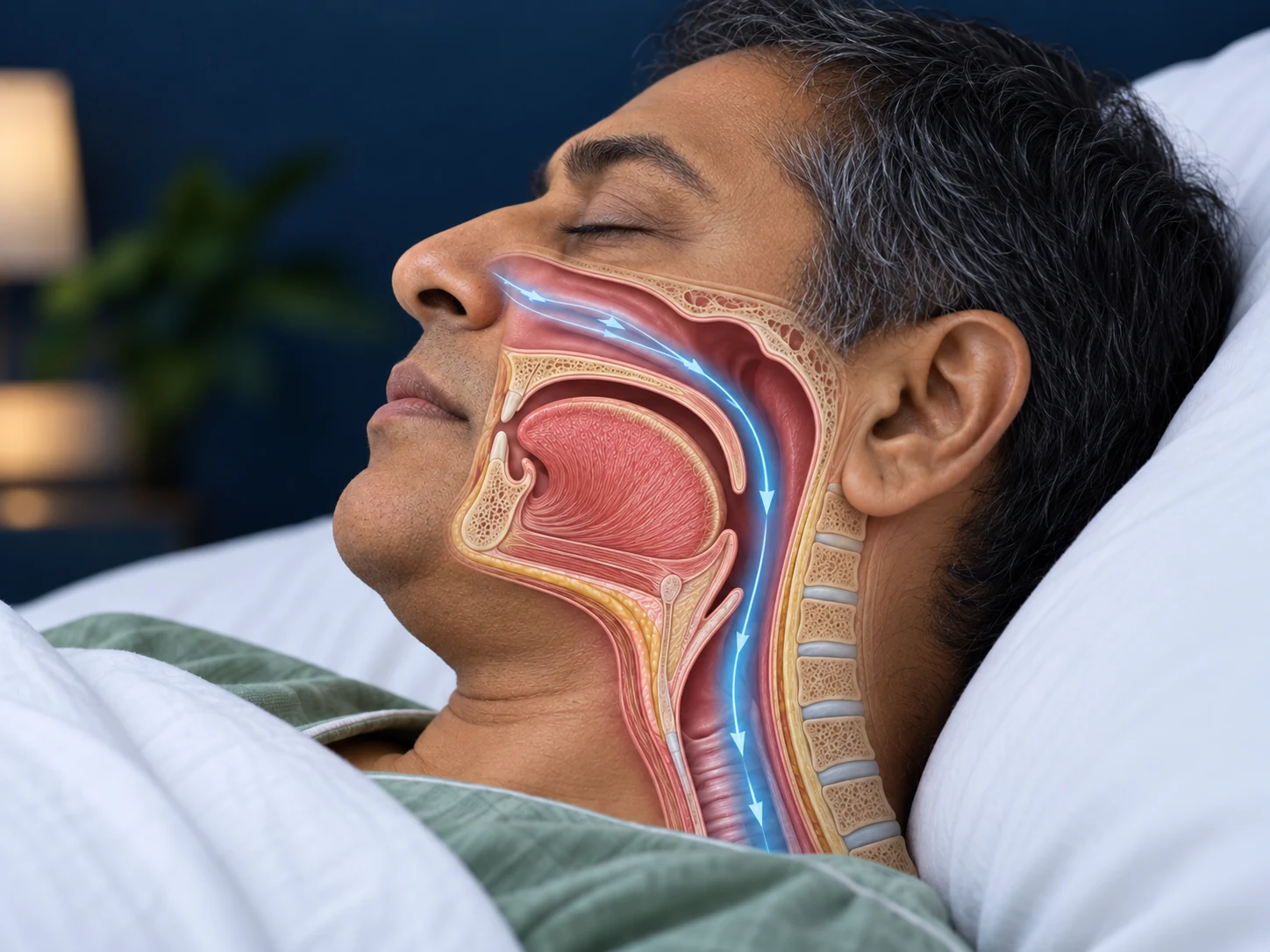 Indian man sleeping with an illustrative cutaway showing an open upper airway.
