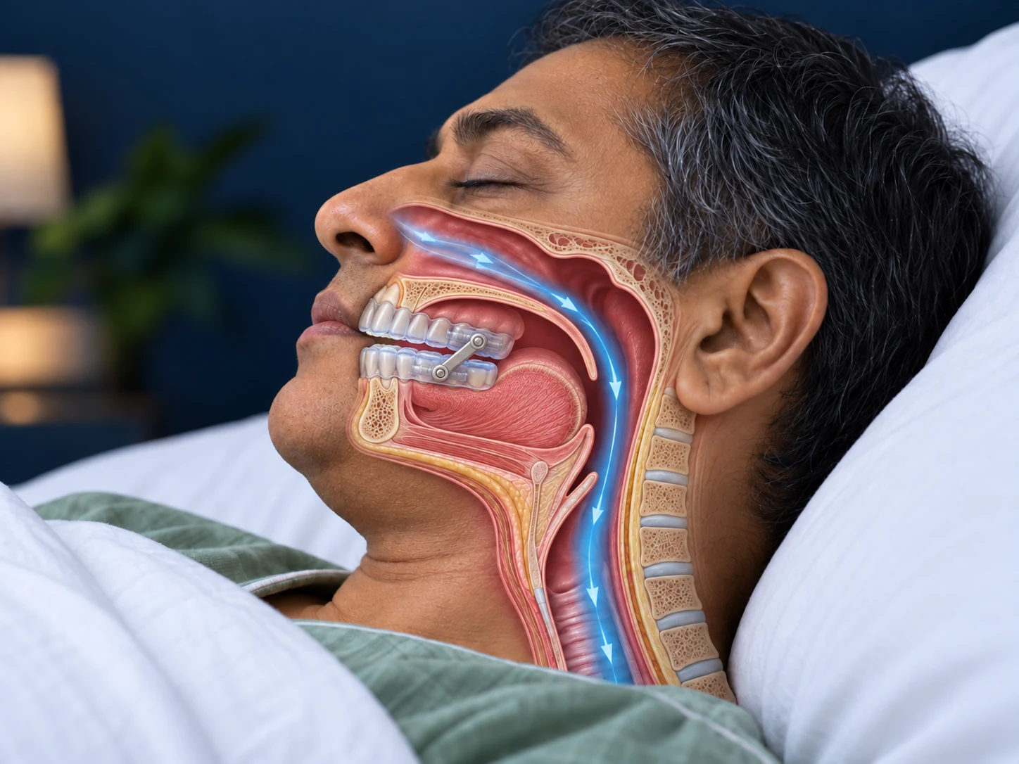 Indian man with an illustrative cutaway showing a two-piece oral sleep appliance.