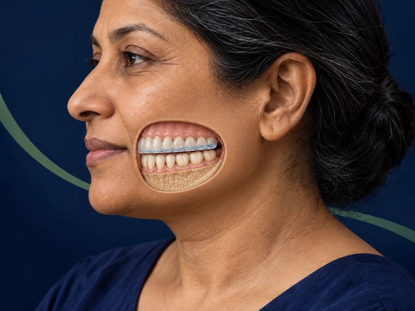 Indian woman in her late forties with an illustrative dental cutaway showing an upper splint.