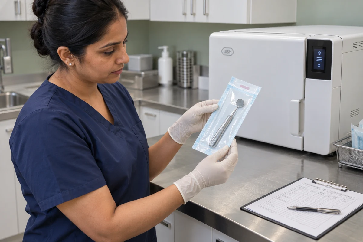 Illustration of a dental assistant inspecting a sealed instrument pouch after sterilisation.